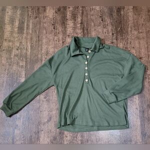 SHEIN Green Waffle Knit Half Button Long Sleeve Shirt